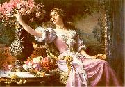 Wladyslaw Czachorski A lady in a lilac dress with flowers oil painting on canvas